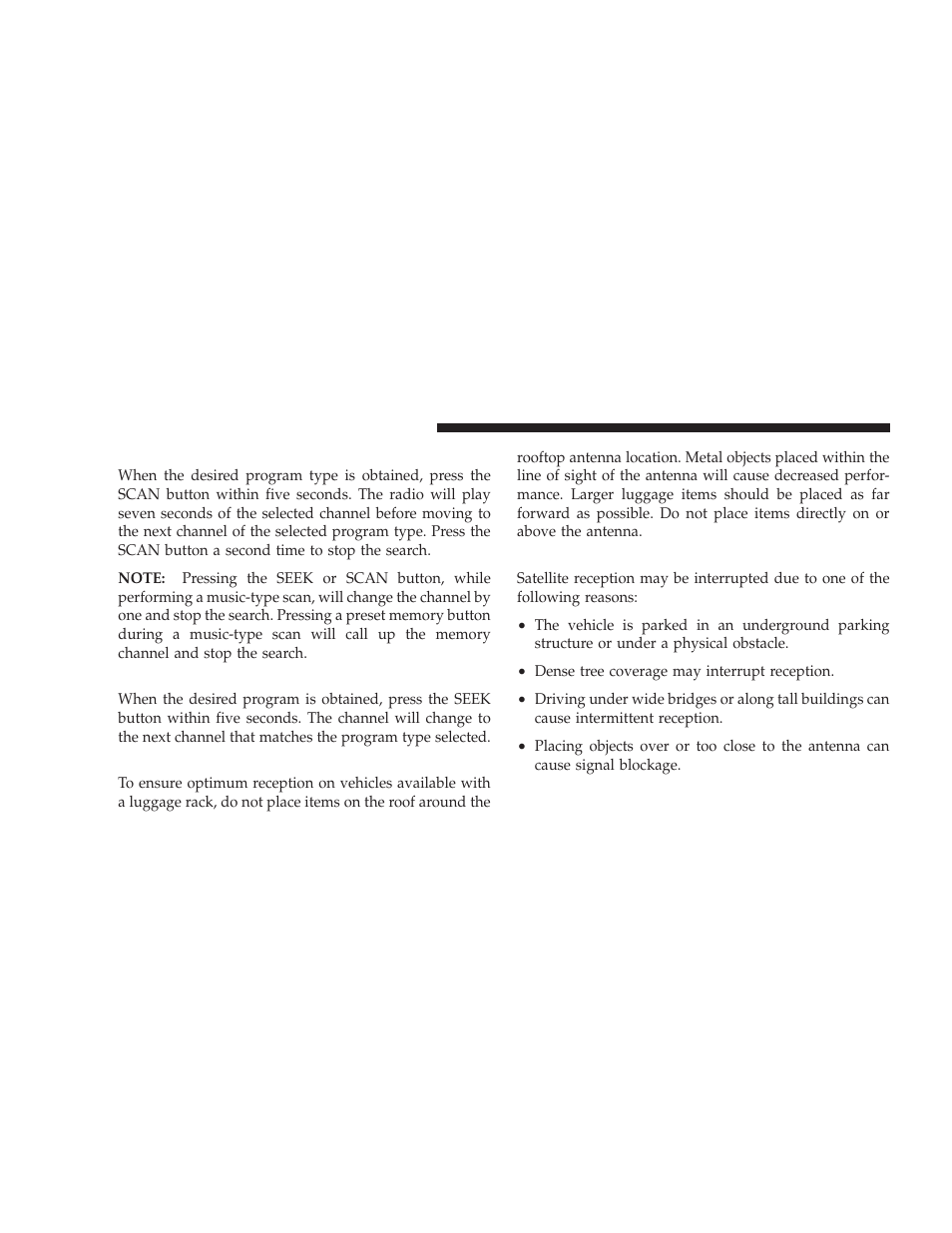 Pty button scan, Pty button seek, Satellite antenna | Reception quality | Dodge 2009 Ram User Manual | Page 232 / 532