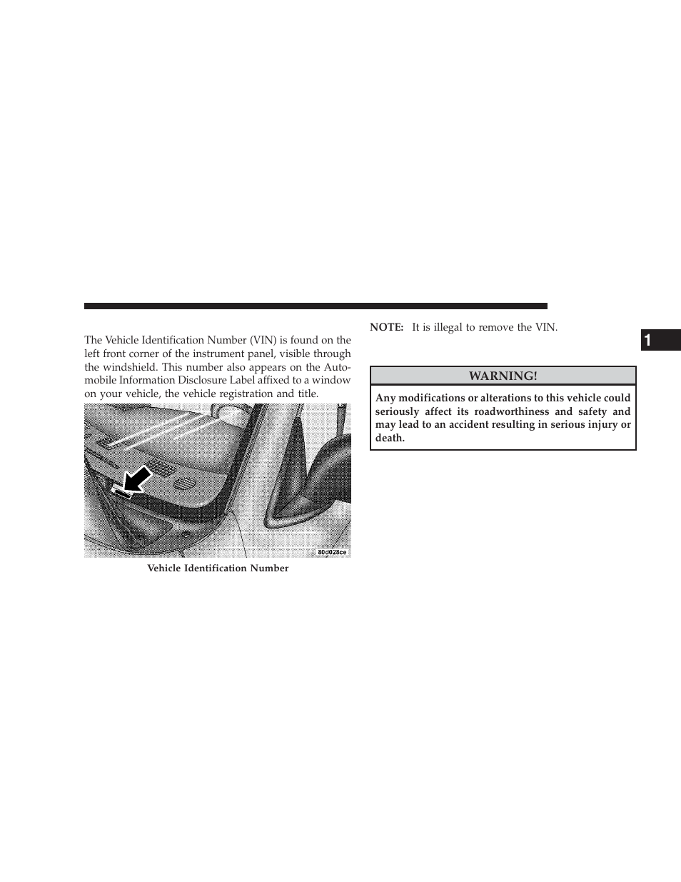 Vehicle identification number, Vehicle modifications/alterations | Dodge 2009 Ram User Manual | Page 9 / 532