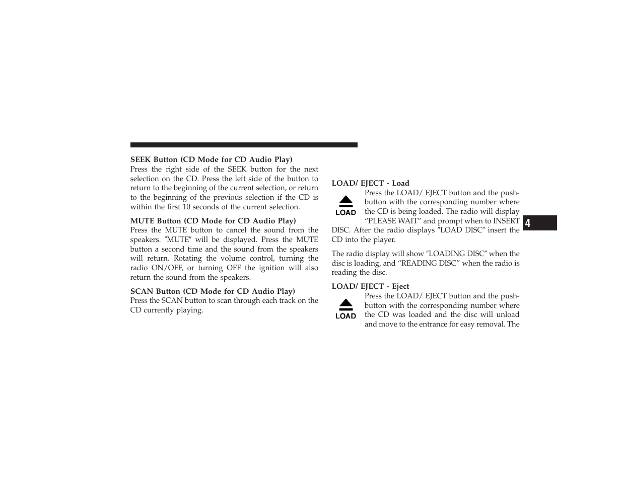 Load/eject button (cd mode for cd audio play), Load/eject button (cd mode for cd audio, Play) | Dodge 2009 Ram 3500 User Manual | Page 211 / 532