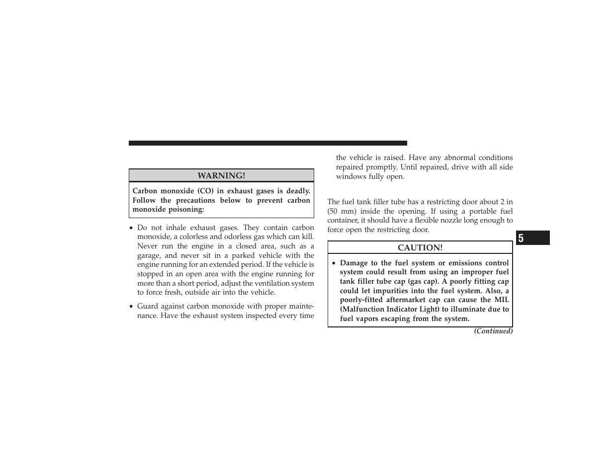 Carbon monoxide warnings, Adding fuel | Dodge 2009 Ram 3500 User Manual | Page 381 / 532