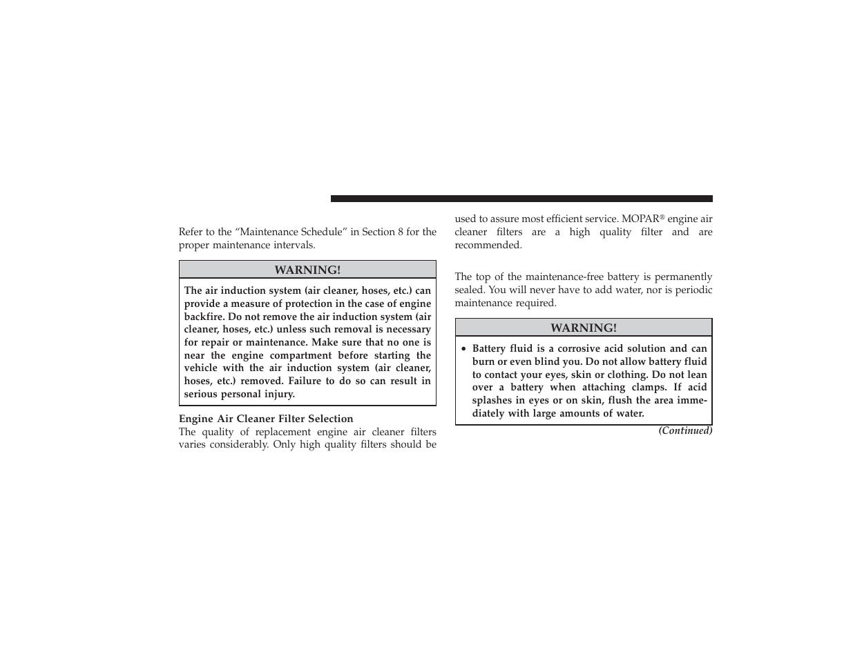 Engine air cleaner filter, Maintenance-free battery | Dodge 2009 Ram 3500 User Manual | Page 436 / 532