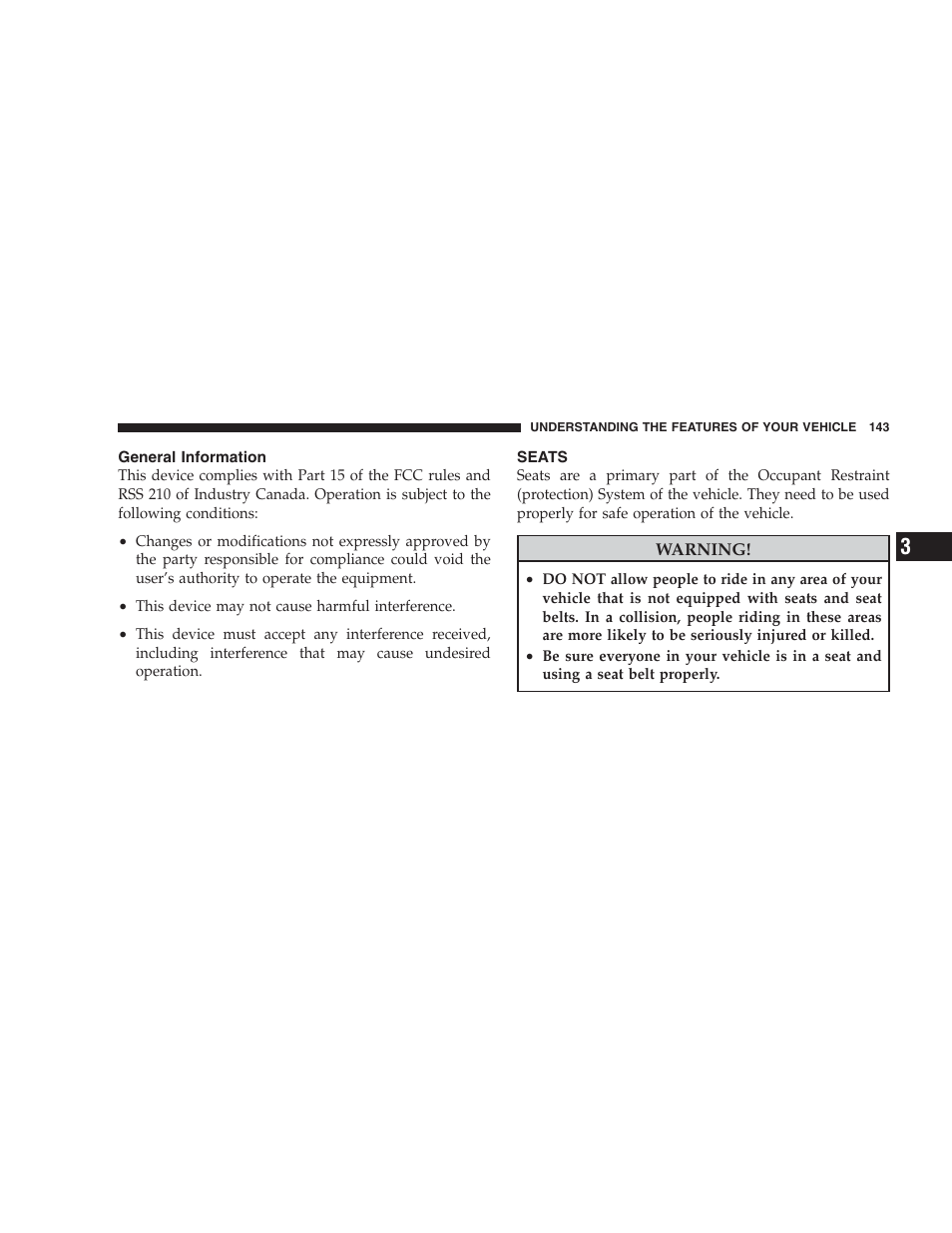 General information, Seats | Dodge 2009 Caravan User Manual | Page 145 / 534