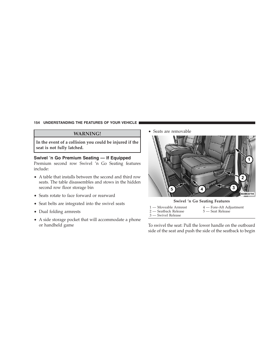 Swivel n go premium seating - if equipped | Dodge 2009 Caravan User Manual | Page 156 / 534