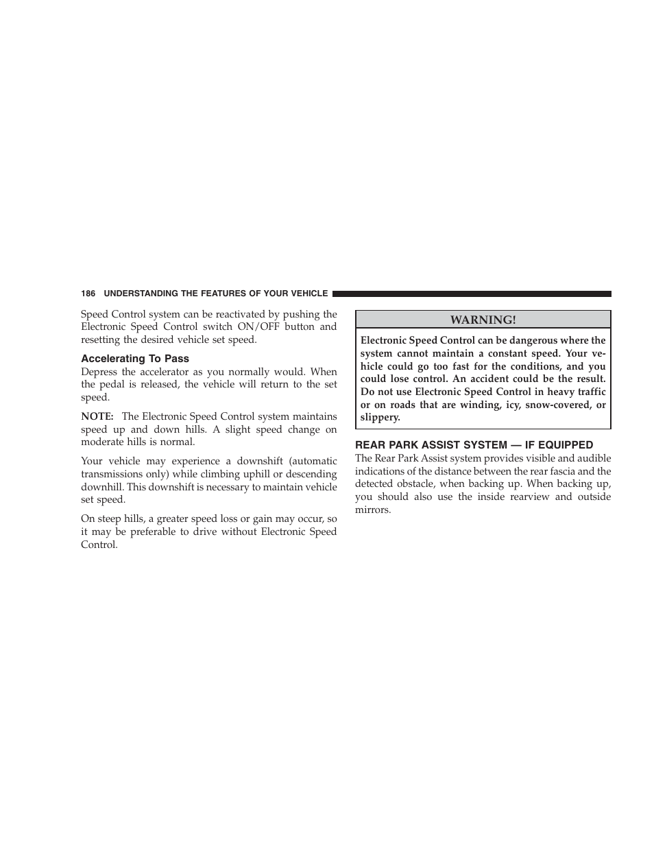 Accelerating to pass, Rear park assist system - if equipped | Dodge 2009 Caravan User Manual | Page 188 / 534