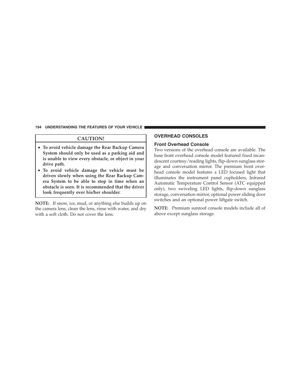Overhead consoles, Front overhead console | Dodge 2009 Caravan User Manual | Page 196 / 534