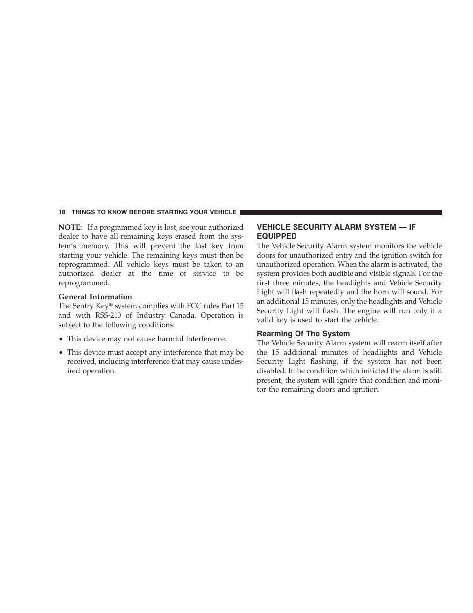 Vehicle security alarm system - if equipped, Rearming of the system, Vehicle security alarm system — if equipped | Dodge 2009 Caravan User Manual | Page 20 / 534