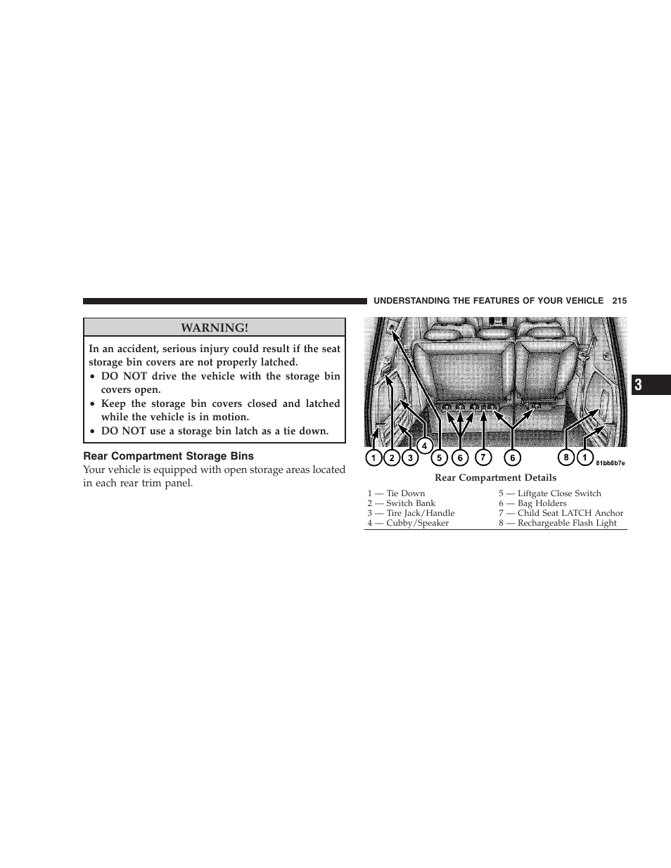 Rear compartment storage bins | Dodge 2009 Caravan User Manual | Page 217 / 534