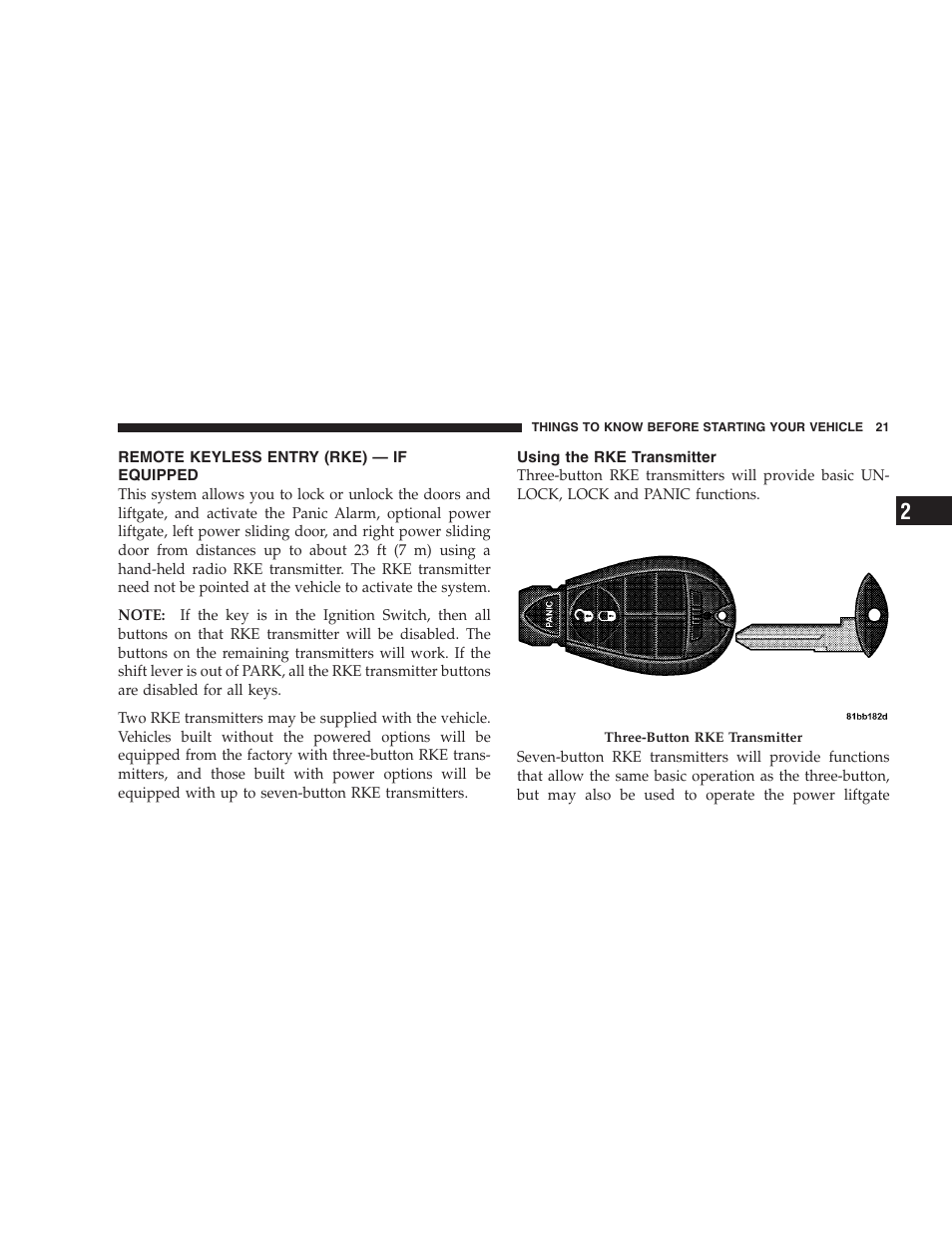 Remote keyless entry (rke) - if equipped, Using the rke transmitter, Remote keyless entry (rke) — if equipped | Dodge 2009 Caravan User Manual | Page 23 / 534