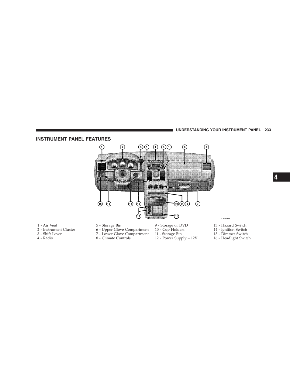 Instrument panel features | Dodge 2009 Caravan User Manual | Page 235 / 534