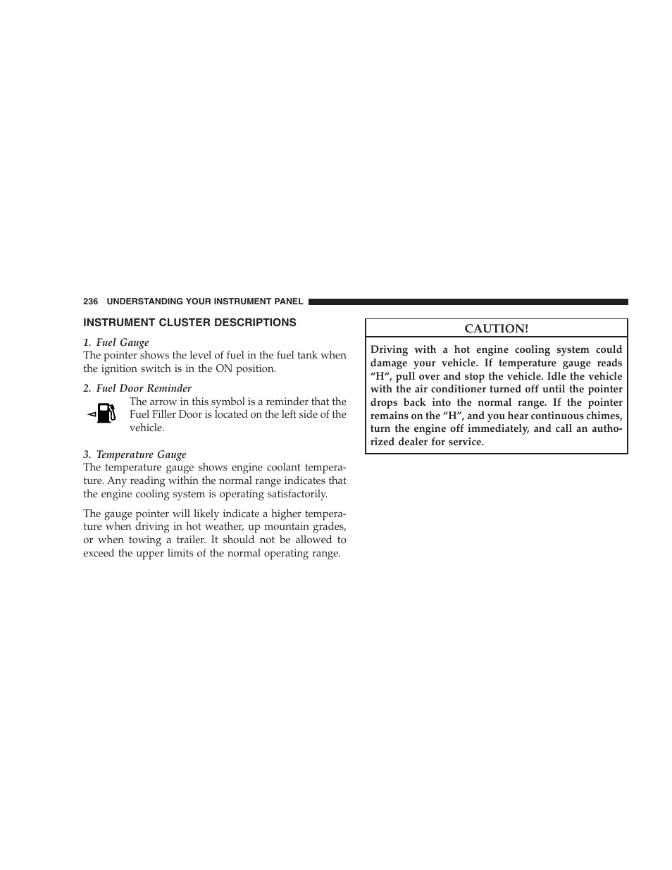 Instrument cluster descriptions | Dodge 2009 Caravan User Manual | Page 238 / 534