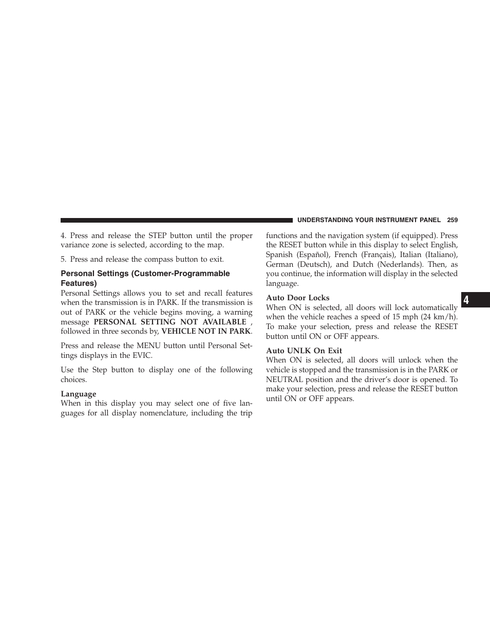 Personal settings (customer-programmable features) | Dodge 2009 Caravan User Manual | Page 261 / 534