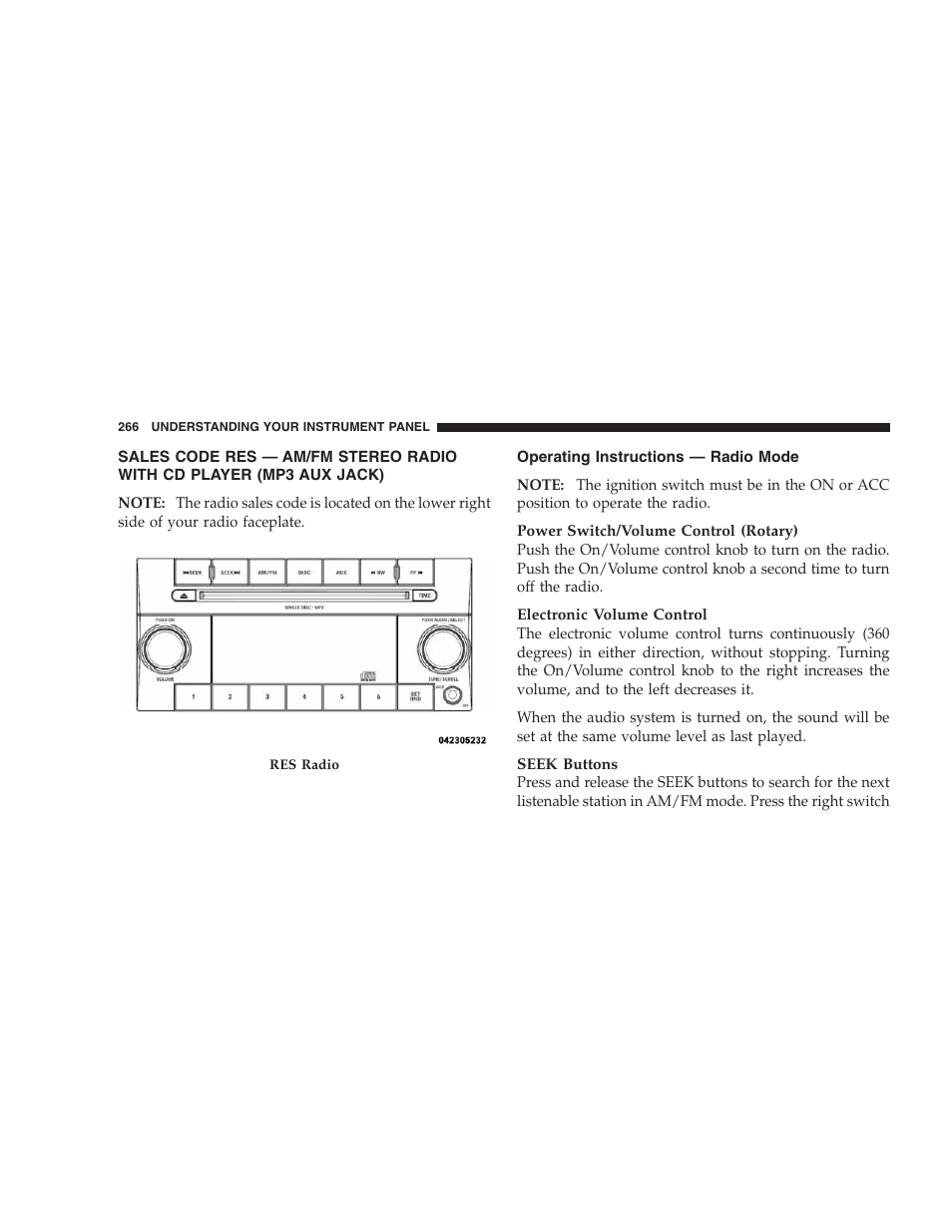 Operating instructions - radio mode | Dodge 2009 Caravan User Manual | Page 268 / 534
