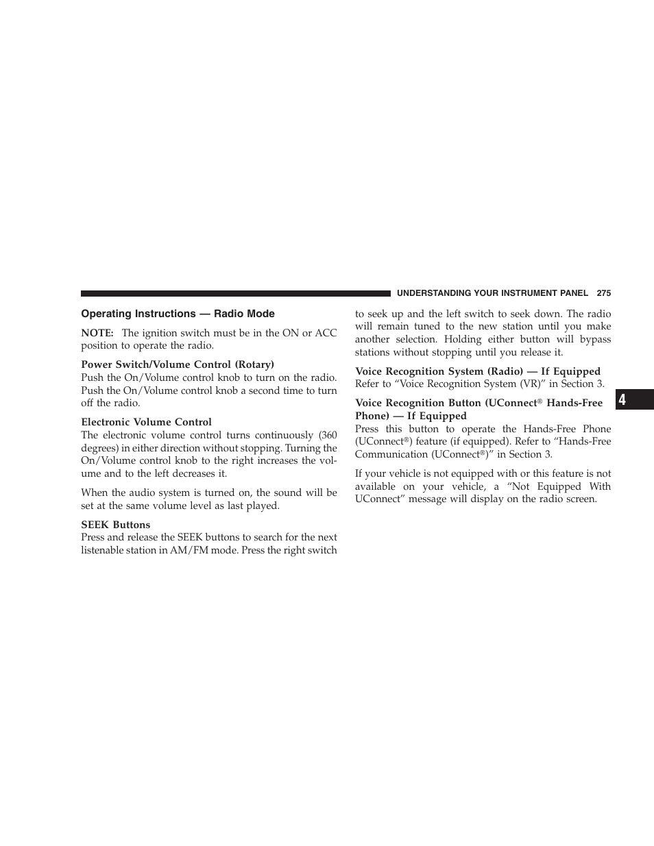 Operating instructions - radio mode | Dodge 2009 Caravan User Manual | Page 277 / 534
