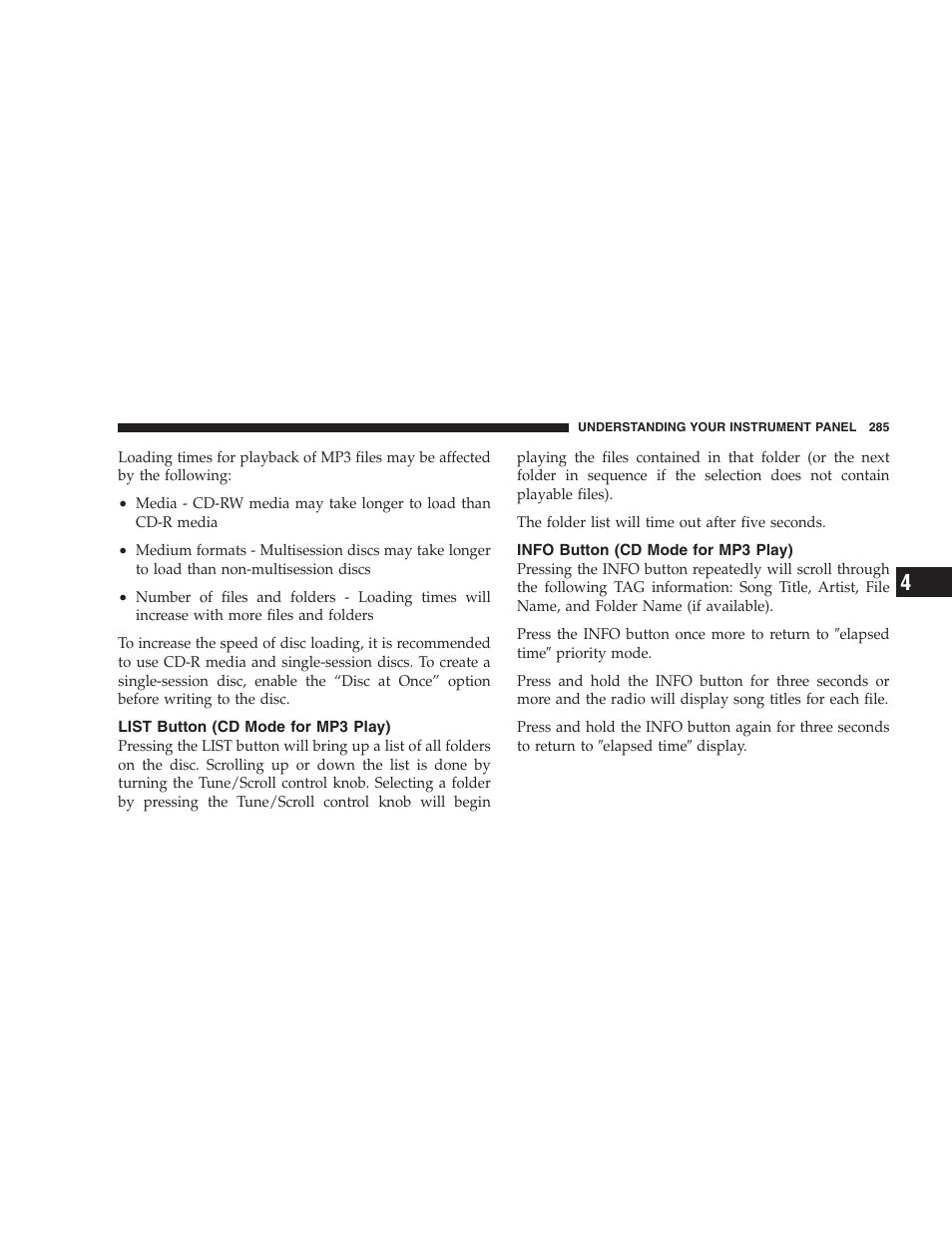 List button (cd mode for mp3 play), Info button (cd mode for mp3 play) | Dodge 2009 Caravan User Manual | Page 287 / 534