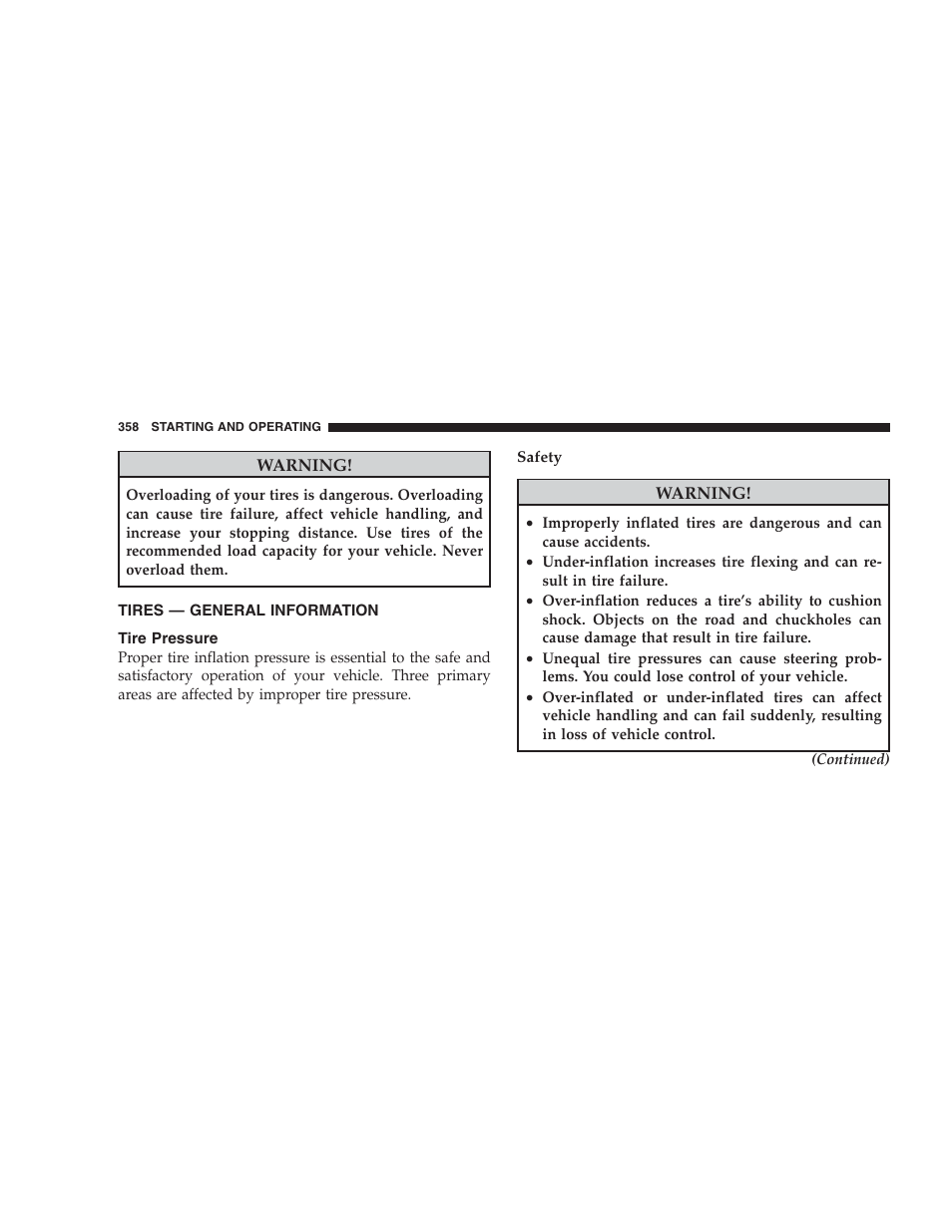 Tires - general information, Tire pressure | Dodge 2009 Caravan User Manual | Page 360 / 534