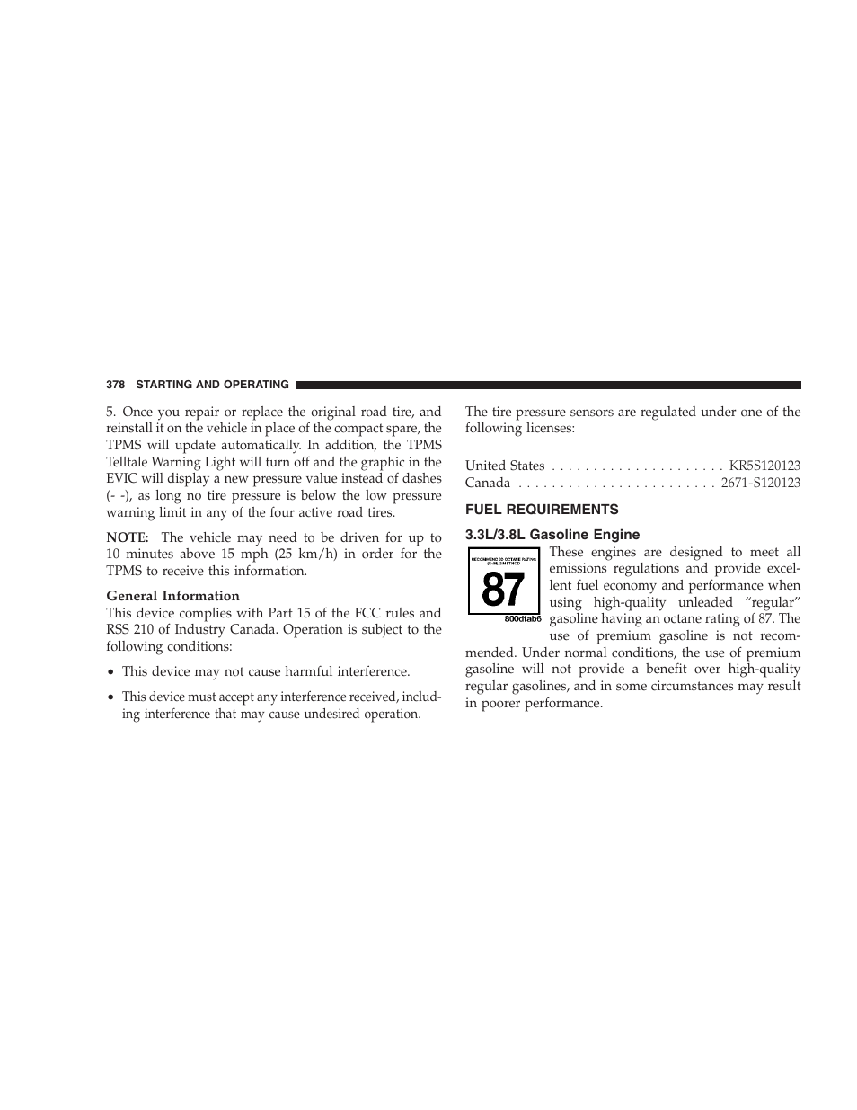 Fuel requirements, 3l/3.8l gasoline engine | Dodge 2009 Caravan User Manual | Page 380 / 534