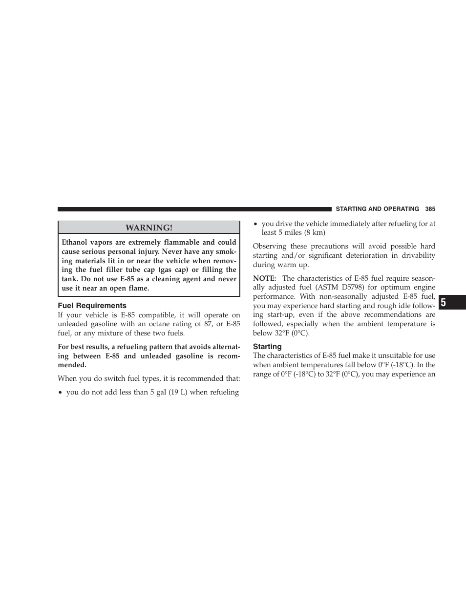Fuel requirements, Starting | Dodge 2009 Caravan User Manual | Page 387 / 534