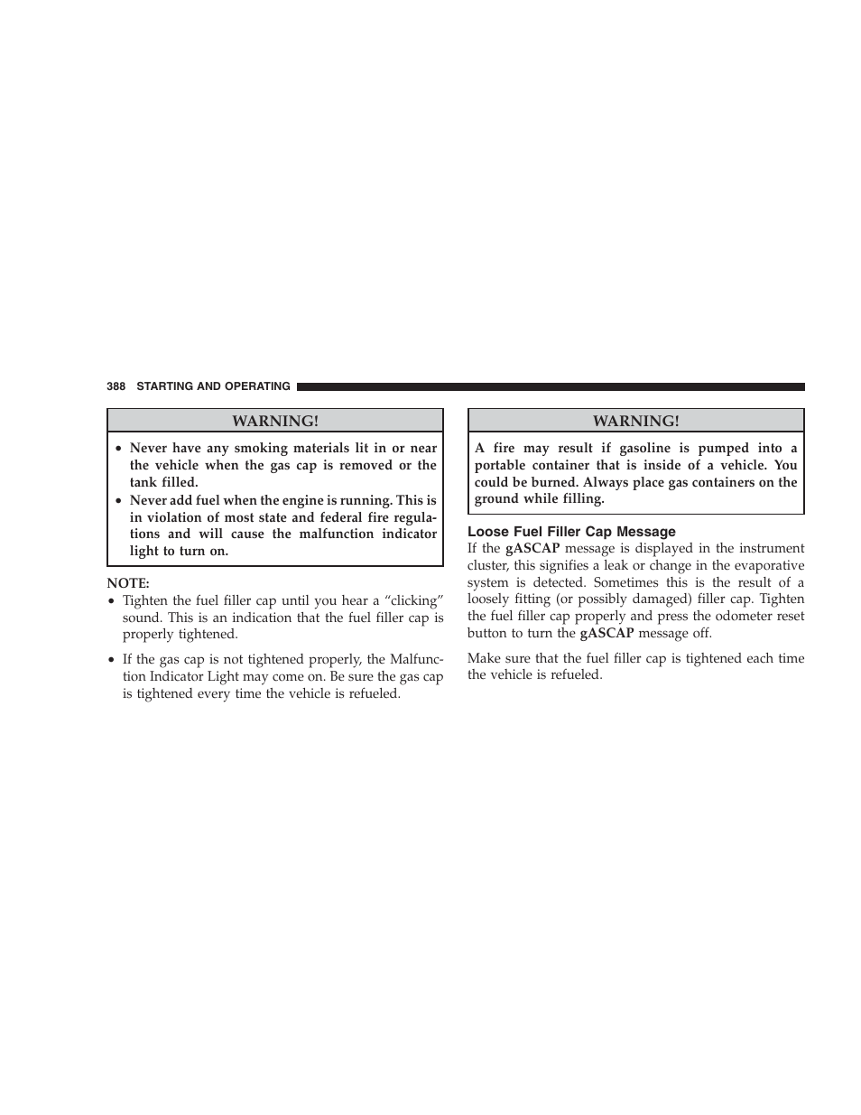 Loose fuel filler cap message | Dodge 2009 Caravan User Manual | Page 390 / 534