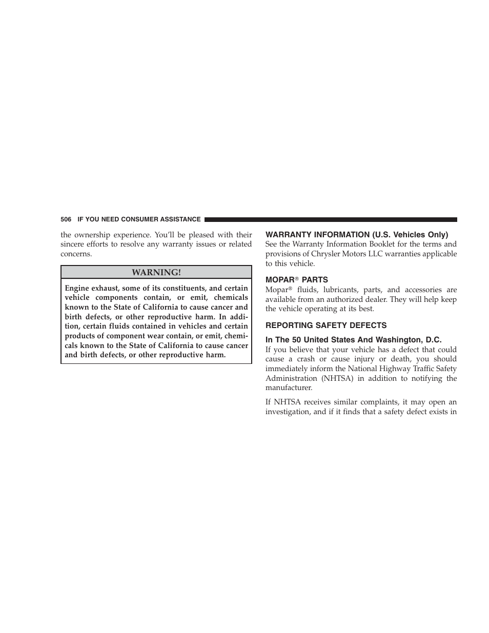 Warranty information (u.s. vehicles only), Mopar parts, Reporting safety defects | In the 50 united states and washington, d.c, Mopar௡ parts, In the 50 united states and washington | Dodge 2009 Caravan User Manual | Page 508 / 534