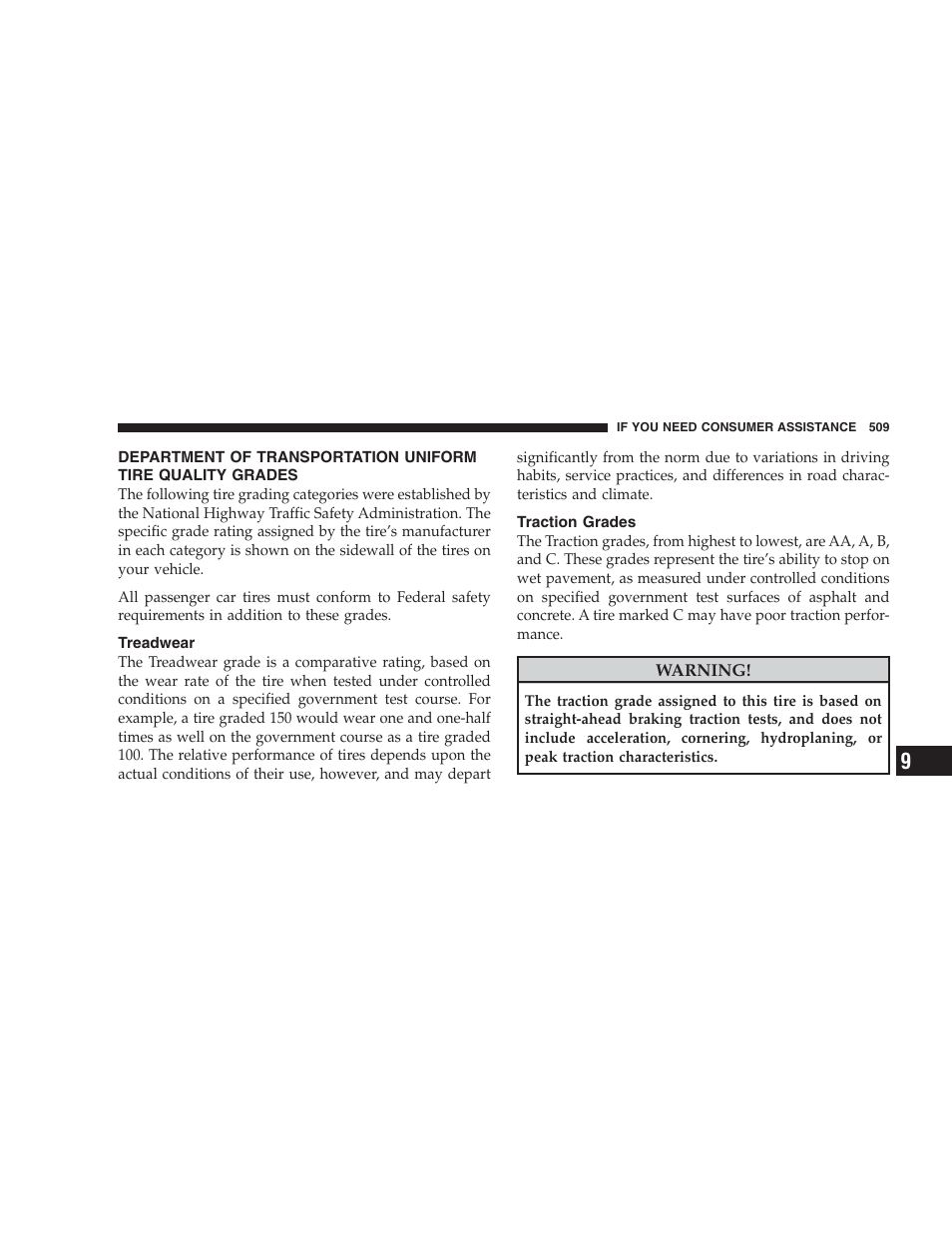 Treadwear, Traction grades, Department of transportation uniform tire | Quality grades | Dodge 2009 Caravan User Manual | Page 511 / 534