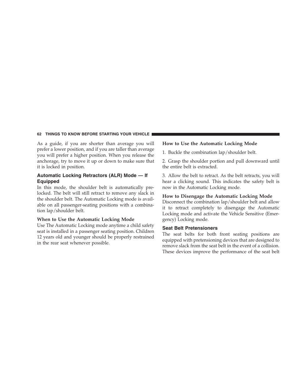 Seat belt pretensioners | Dodge 2009 Caravan User Manual | Page 64 / 534