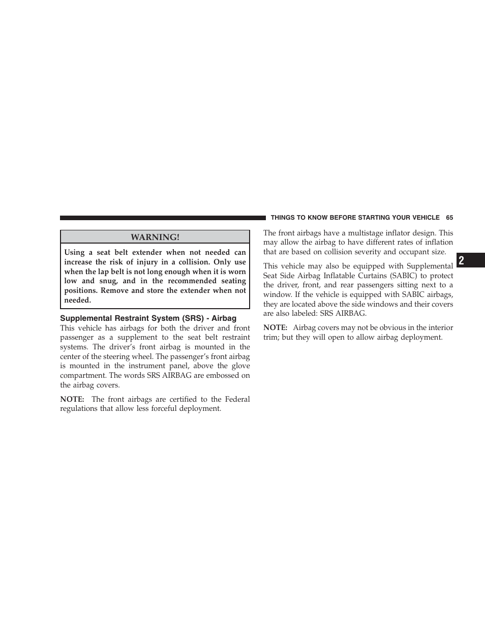 Supplemental restraint system (srs) - airbag | Dodge 2009 Caravan User Manual | Page 67 / 534