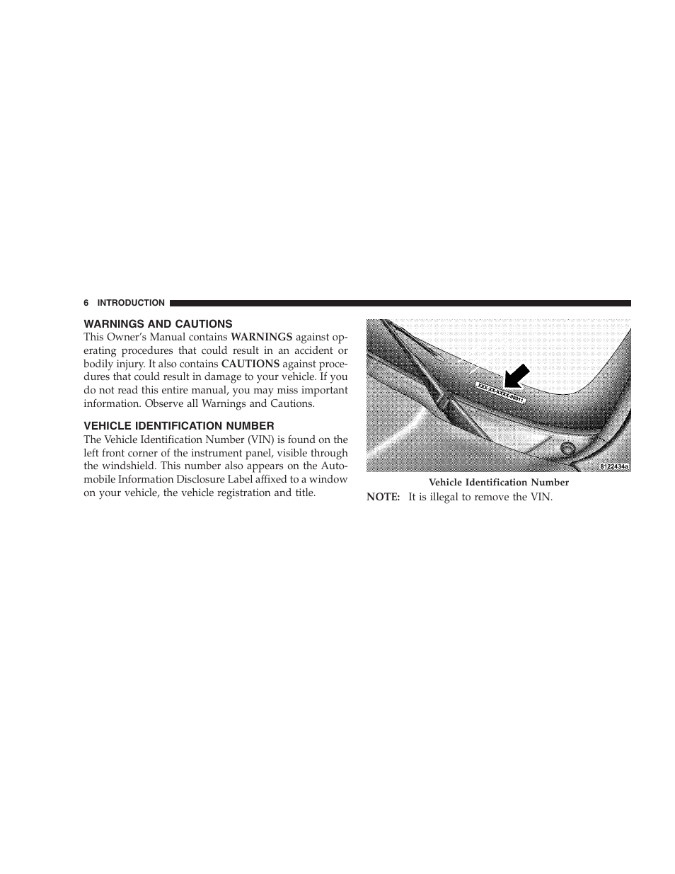 Warnings and cautions, Vehicle identification number | Dodge 2009 Caravan User Manual | Page 8 / 534
