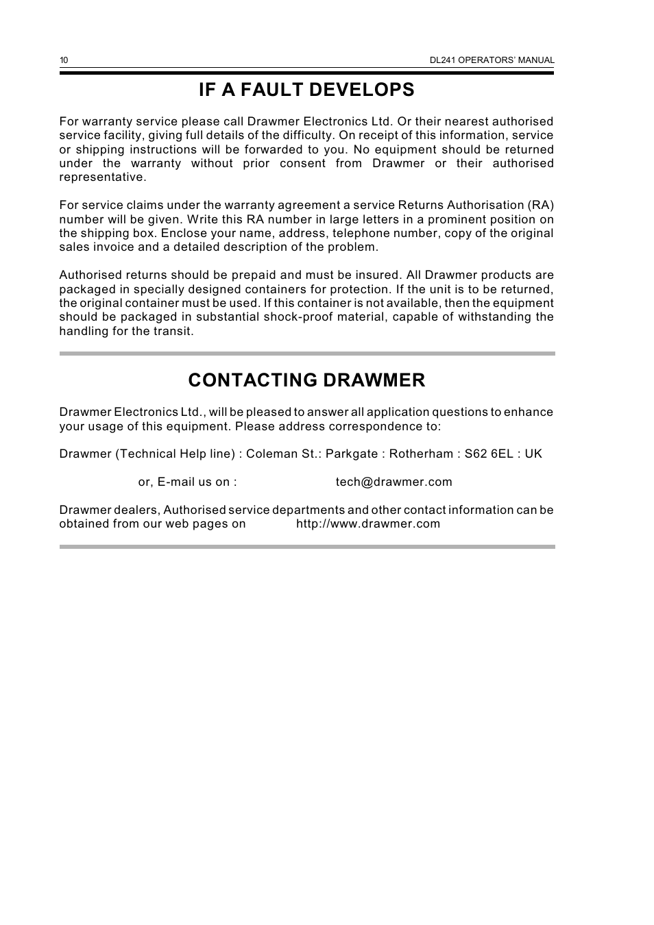 If a fault develops, Contacting drawmer | Drawmer DL241 Auto Compressor User Manual | Page 12 / 14