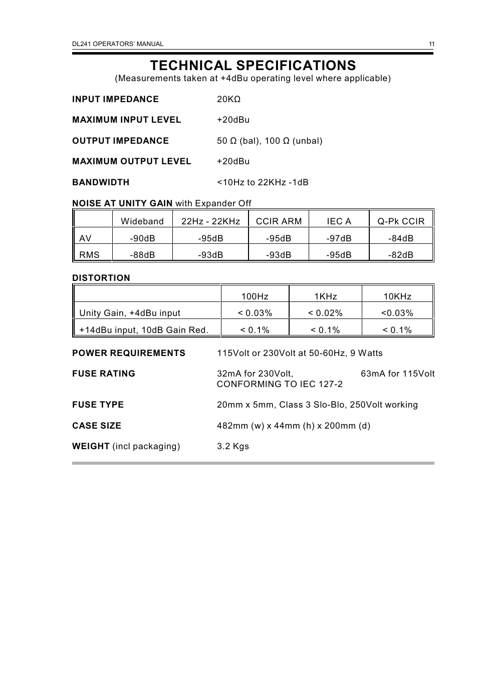 Technical specifications | Drawmer DL241 Auto Compressor User Manual | Page 13 / 14