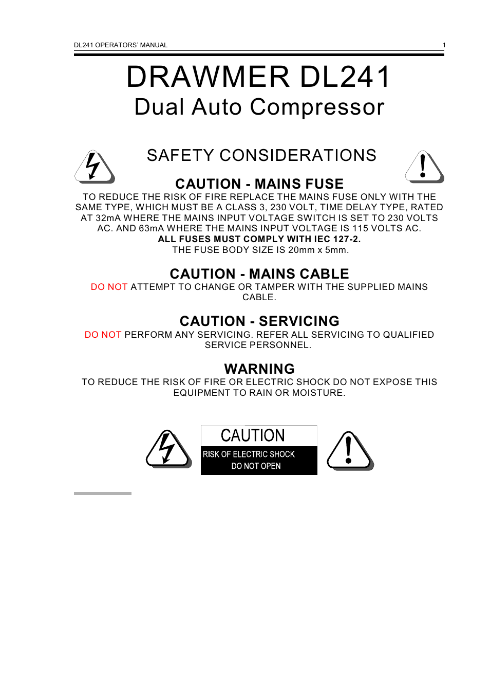 Drawmer dl241, Dual auto compressor, Safety considerations | Caution - mains fuse, Caution - mains cable, Caution - servicing, Warning | Drawmer DL241 Auto Compressor User Manual | Page 3 / 14