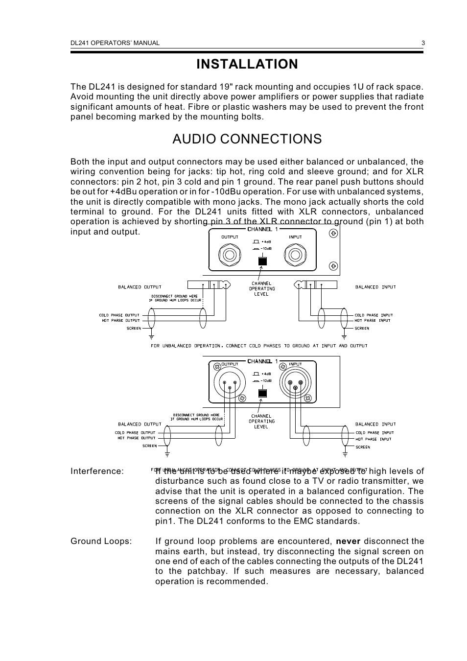 Installation, Audio connections | Drawmer DL241 Auto Compressor User Manual | Page 5 / 14