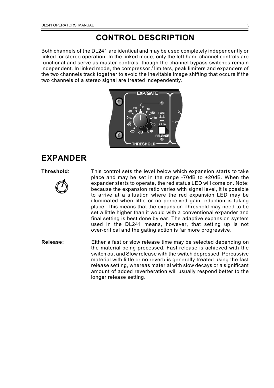 Control description, Expander | Drawmer DL241 Auto Compressor User Manual | Page 7 / 14