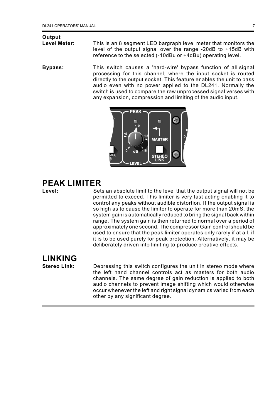 Peak limiter, Linking | Drawmer DL241 Auto Compressor User Manual | Page 9 / 14