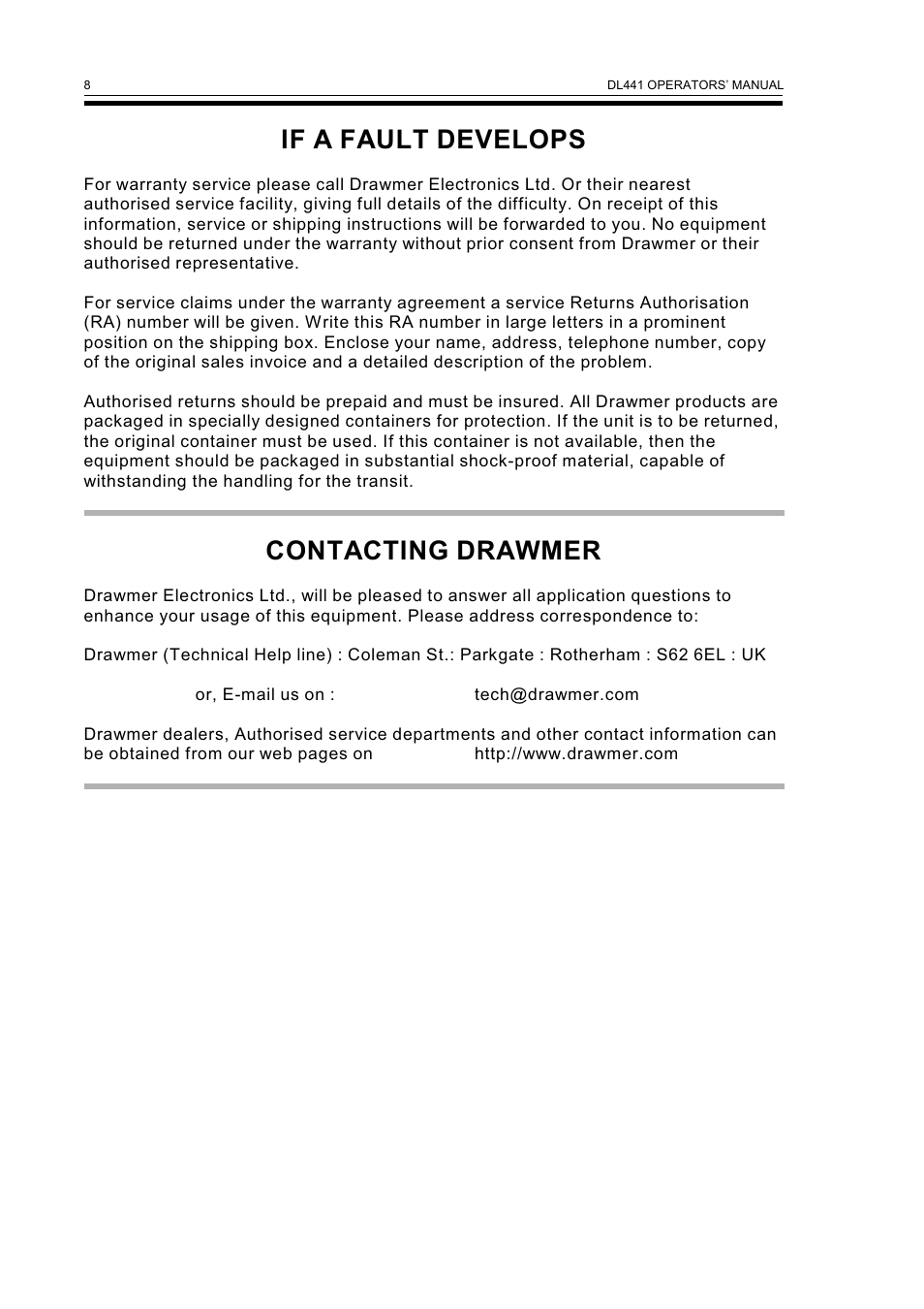 If a fault develops, Contacting drawmer | Drawmer DL441 Quad Auto Comp/Limiter User Manual | Page 10 / 12