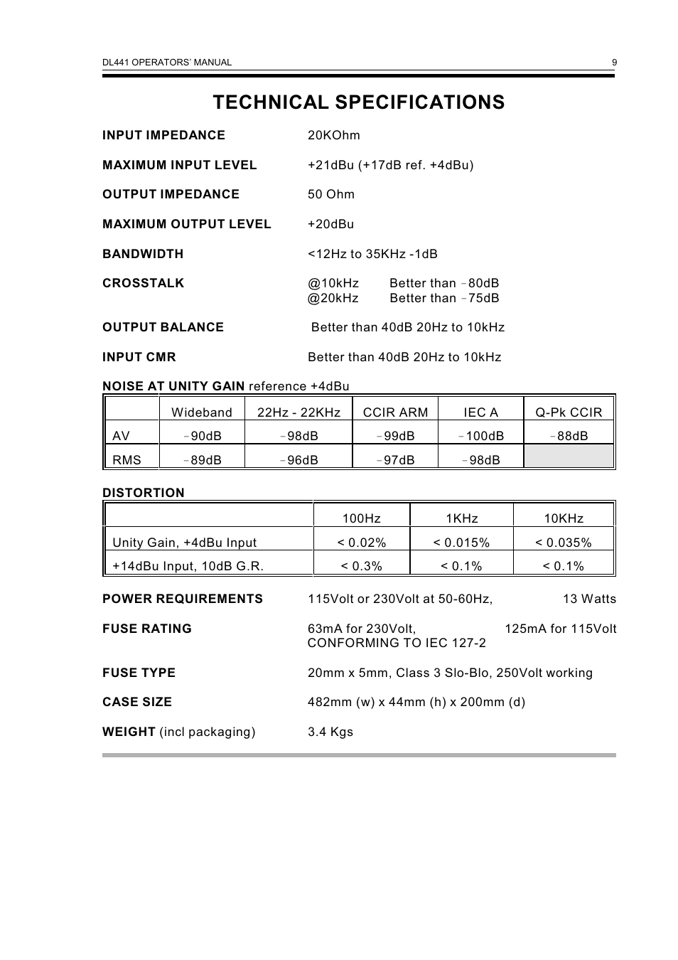 Technical specifications | Drawmer DL441 Quad Auto Comp/Limiter User Manual | Page 11 / 12