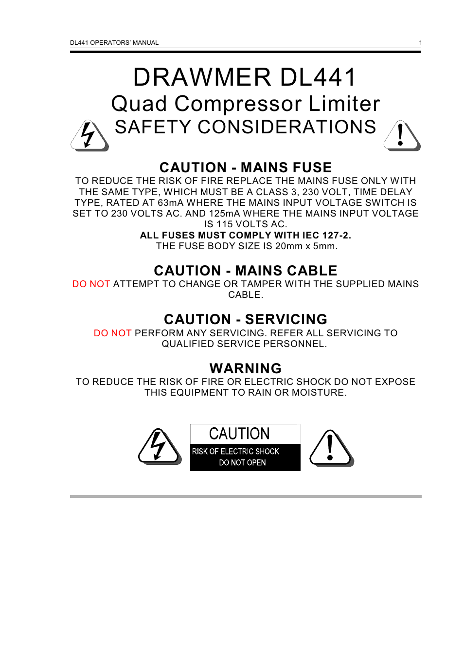 Drawmer dl441, Quad compressor limiter, Safety considerations | Caution - mains fuse, Caution - mains cable, Caution - servicing, Warning | Drawmer DL441 Quad Auto Comp/Limiter User Manual | Page 3 / 12