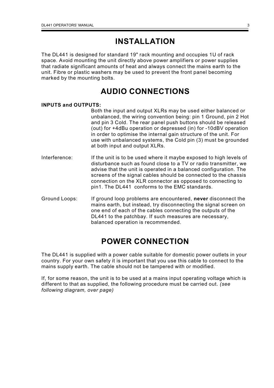 Installation, Audio connections, Power connection | Drawmer DL441 Quad Auto Comp/Limiter User Manual | Page 5 / 12