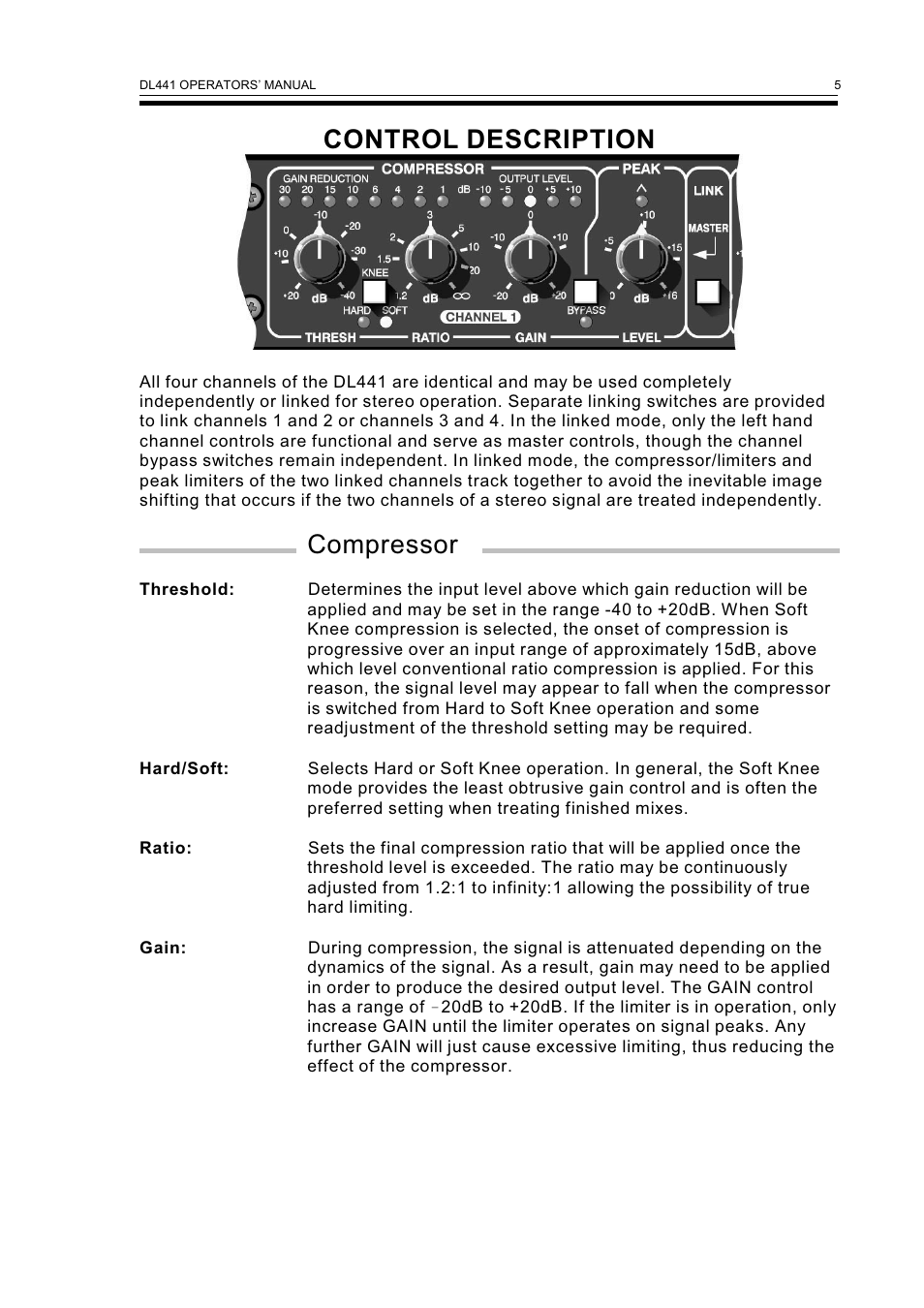 Control description, Compressor | Drawmer DL441 Quad Auto Comp/Limiter User Manual | Page 7 / 12