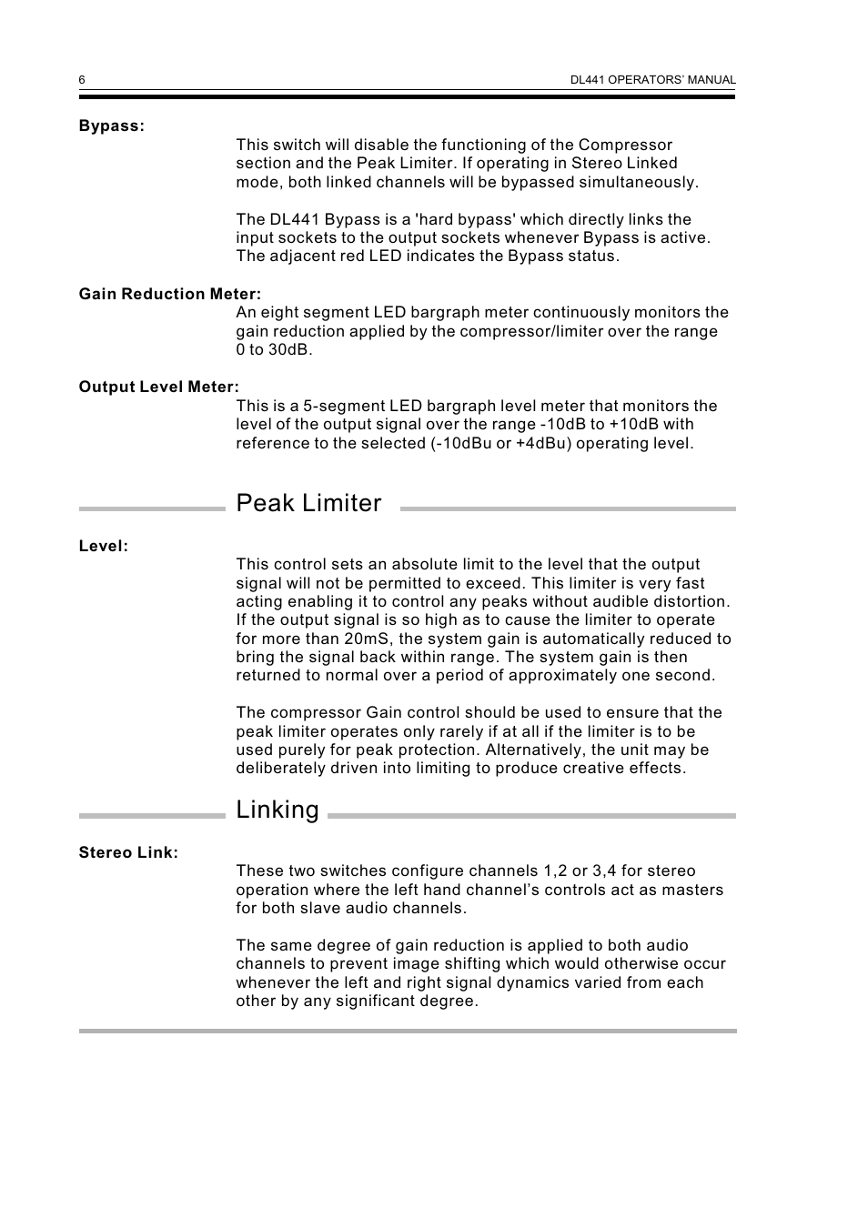 Peak limiter, Linking | Drawmer DL441 Quad Auto Comp/Limiter User Manual | Page 8 / 12