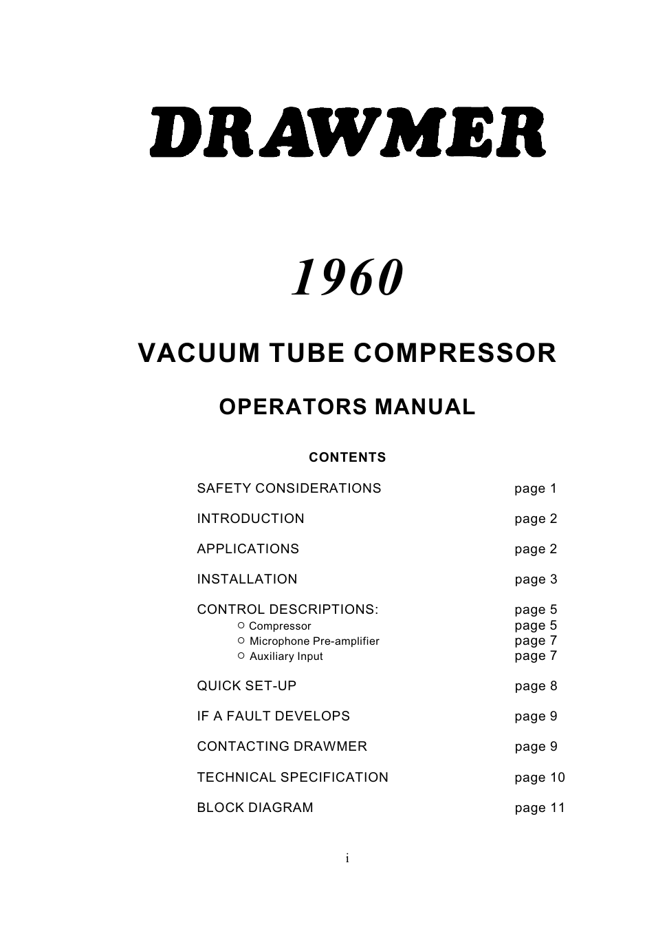 Drawmer 1960 Mic-Pre/Tube Compressor User Manual | 13 pages