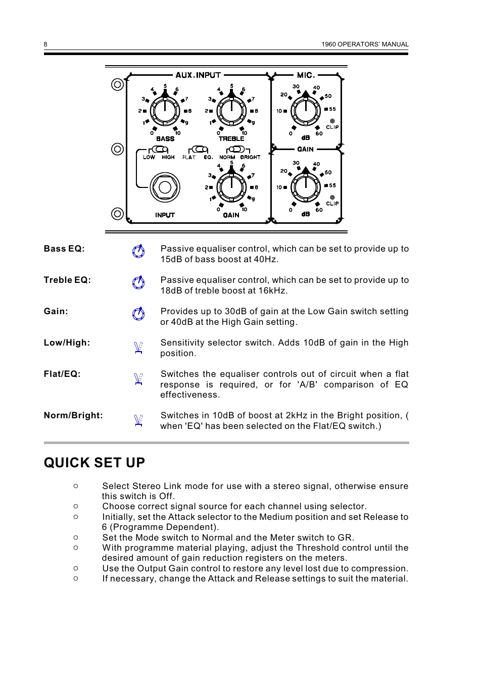 Quick set up | Drawmer 1960 Mic-Pre/Tube Compressor User Manual | Page 10 / 13
