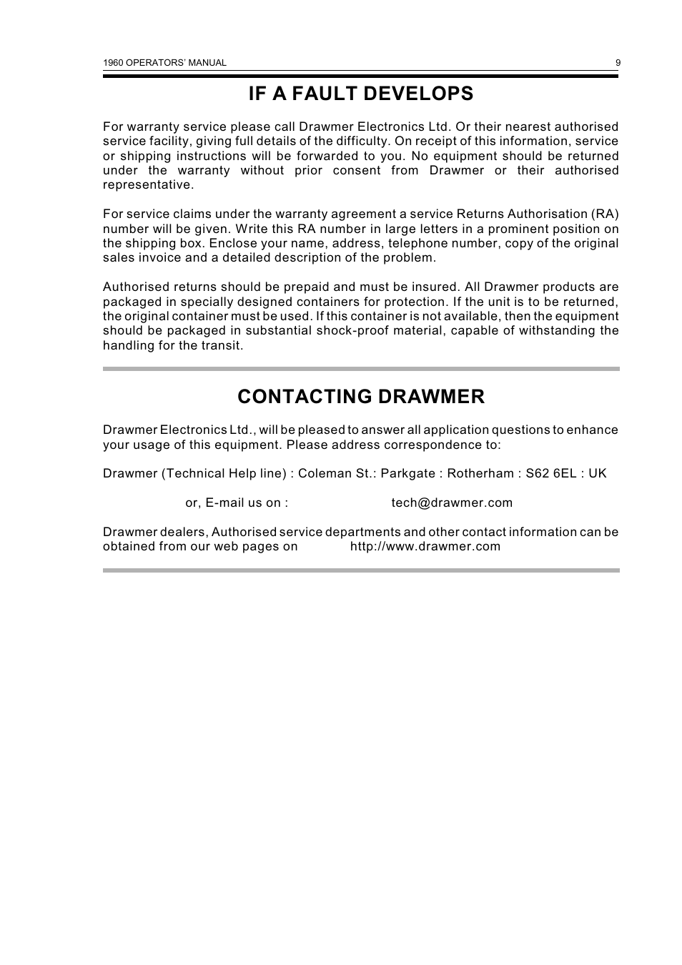 If a fault develops, Contacting drawmer | Drawmer 1960 Mic-Pre/Tube Compressor User Manual | Page 11 / 13