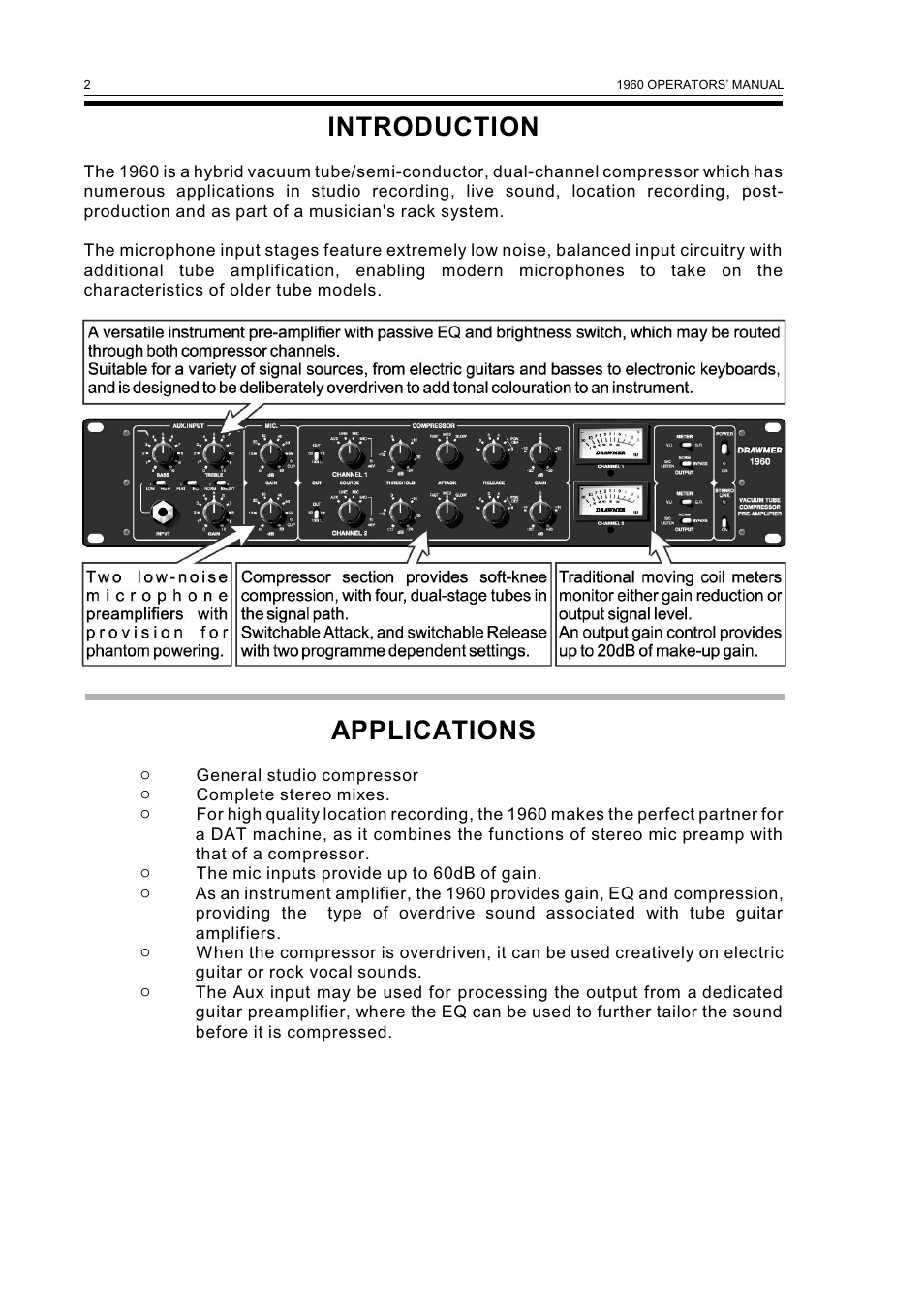Introduction, Applications | Drawmer 1960 Mic-Pre/Tube Compressor User Manual | Page 4 / 13