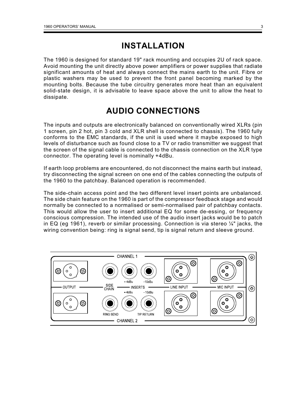 Installation, Audio connections | Drawmer 1960 Mic-Pre/Tube Compressor User Manual | Page 5 / 13