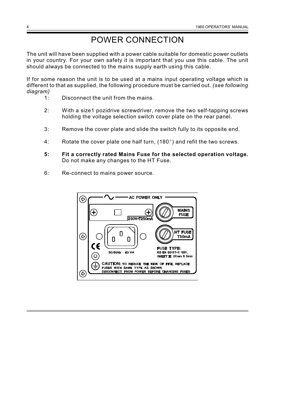 Power connection | Drawmer 1960 Mic-Pre/Tube Compressor User Manual | Page 6 / 13