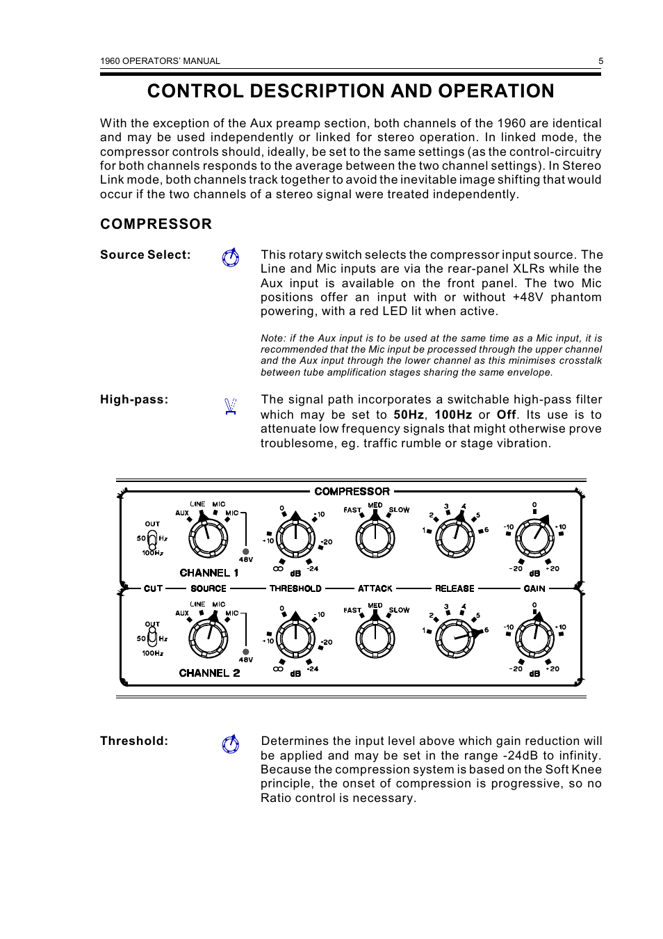 Control description and operation | Drawmer 1960 Mic-Pre/Tube Compressor User Manual | Page 7 / 13