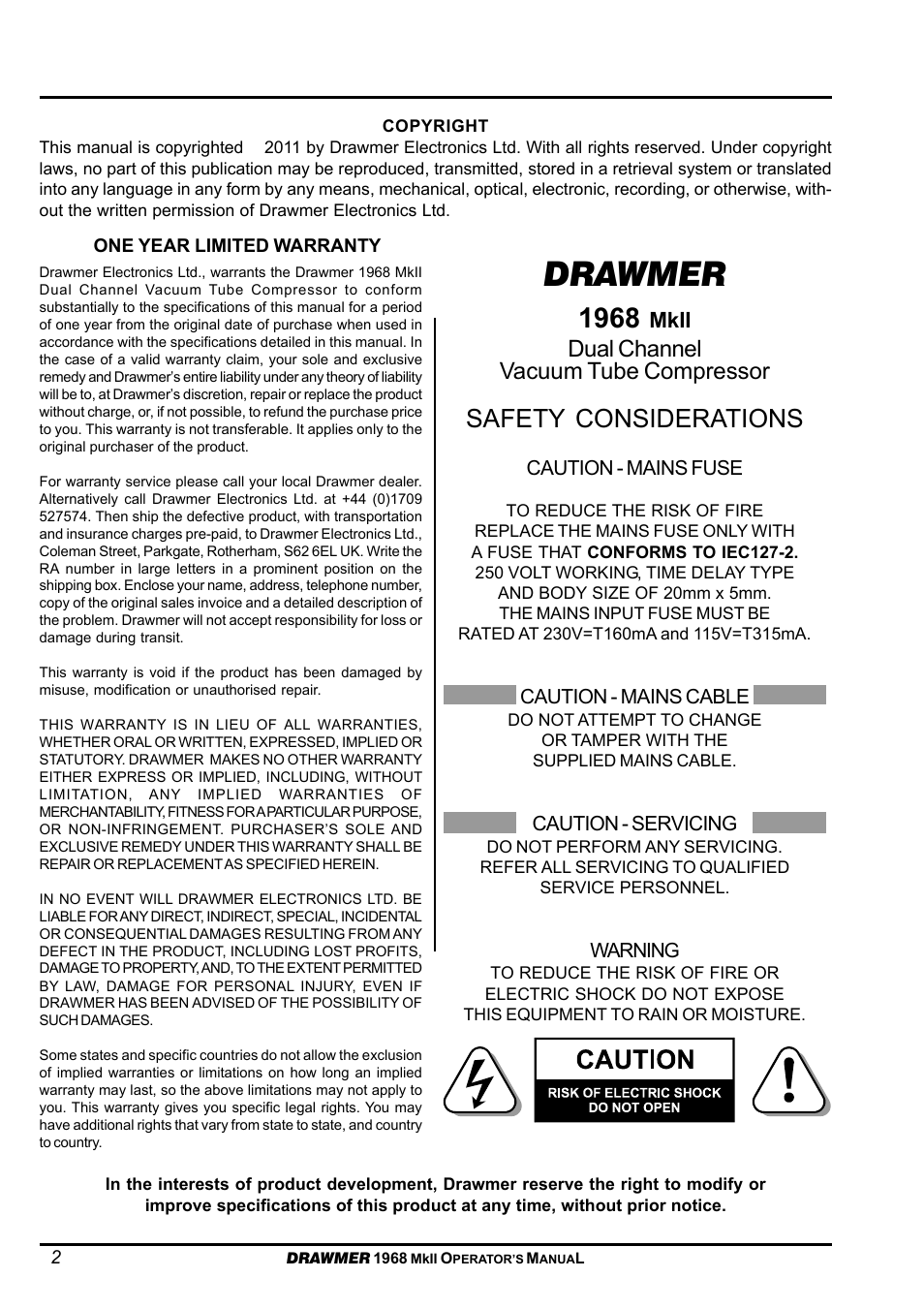 Drawmer, Safety considerations, Dual channel vacuum tube compressor | Mkii | Drawmer 1968 Dual Ch Tube Compressor User Manual | Page 2 / 10