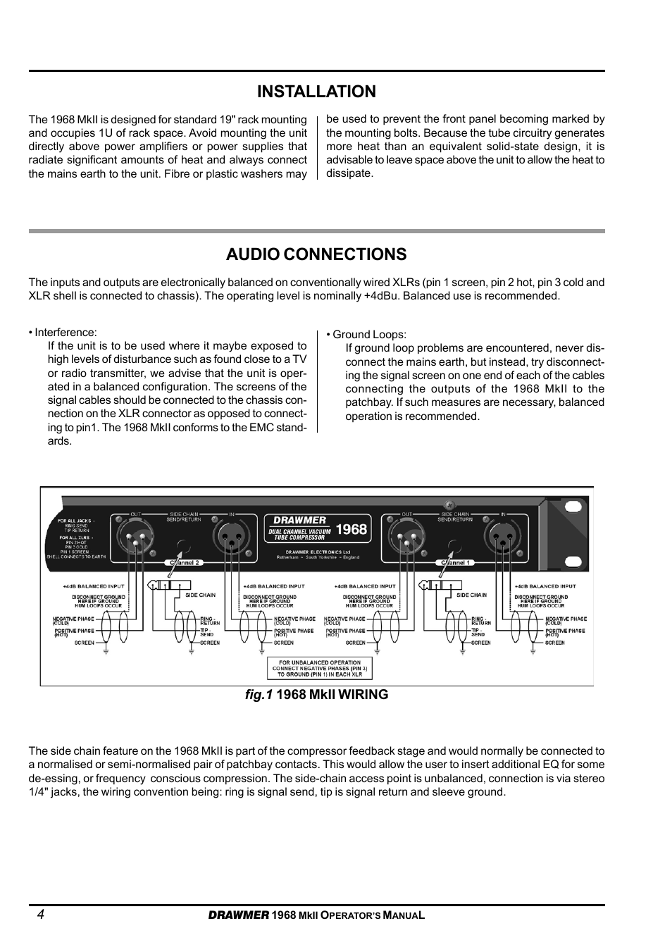 Installation audio connections | Drawmer 1968 Dual Ch Tube Compressor User Manual | Page 4 / 10