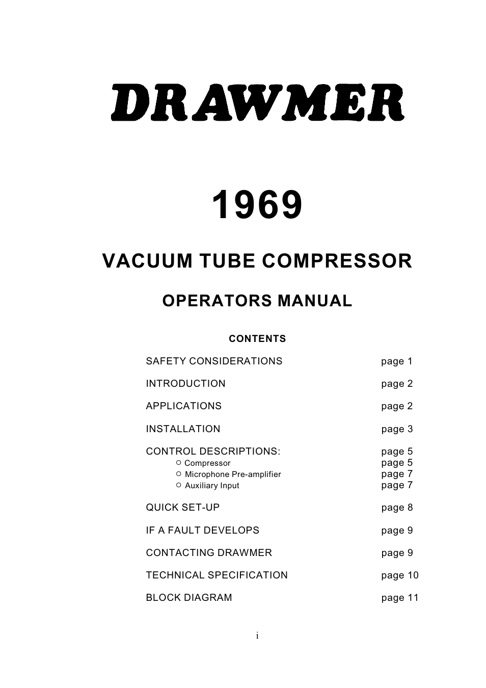 Drawmer 1969 Vacuum Tube Compressor Pre-Amplifier User Manual | 13 pages