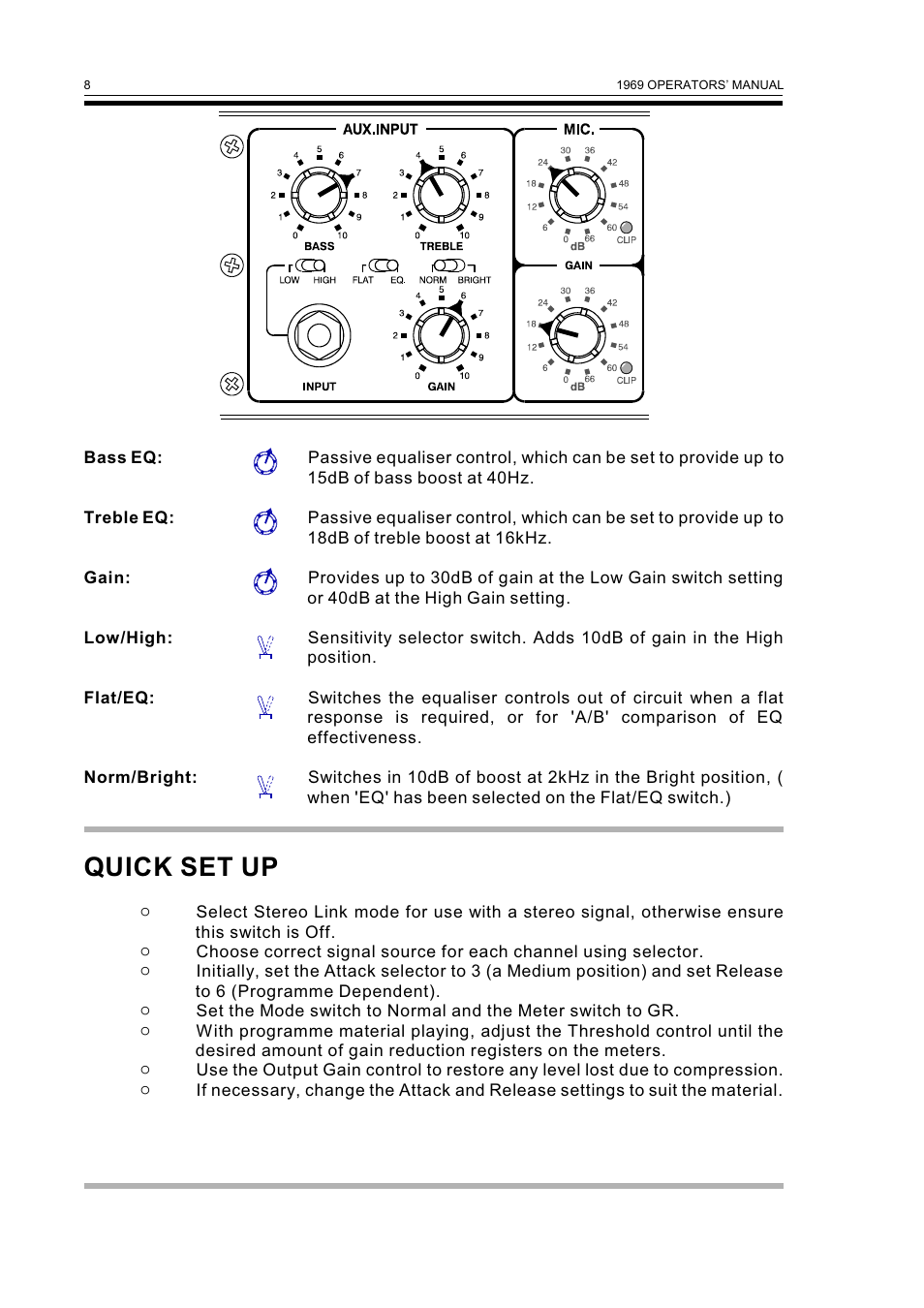 Quick set up | Drawmer 1969 Vacuum Tube Compressor Pre-Amplifier User Manual | Page 10 / 13